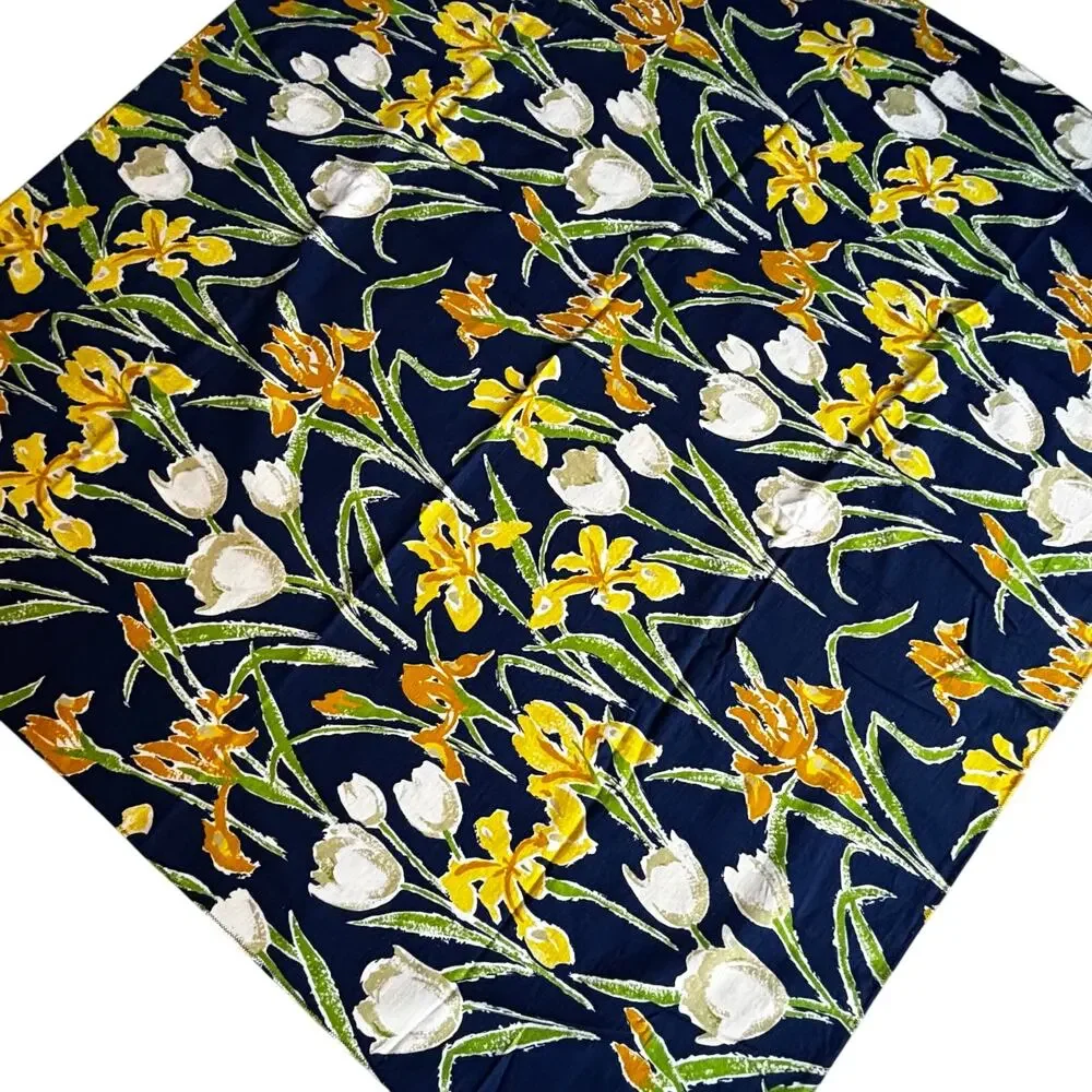 Hand Sewn Fabric Tablecloth navy blue yellow white flowers irises tulips square